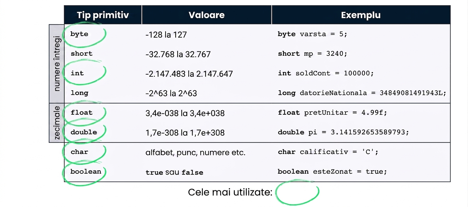 Tabel cu tipurile de date primitive
