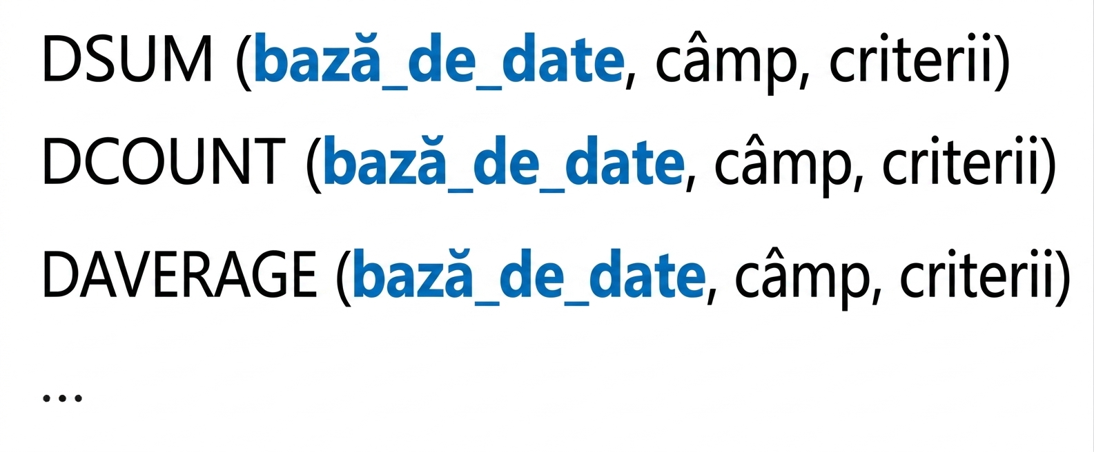 Sintaxa funcțiilor bază de date din Excel