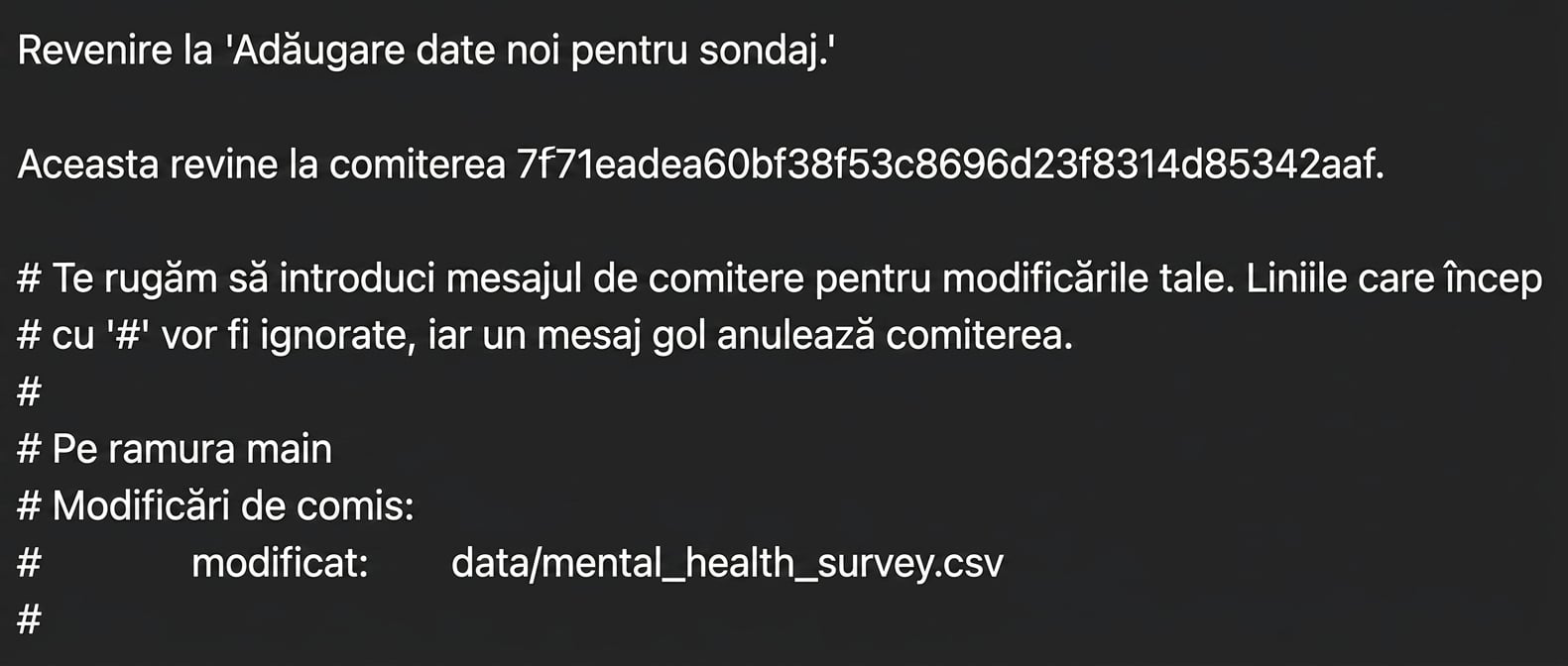 Editor de text care arată că commit-ul