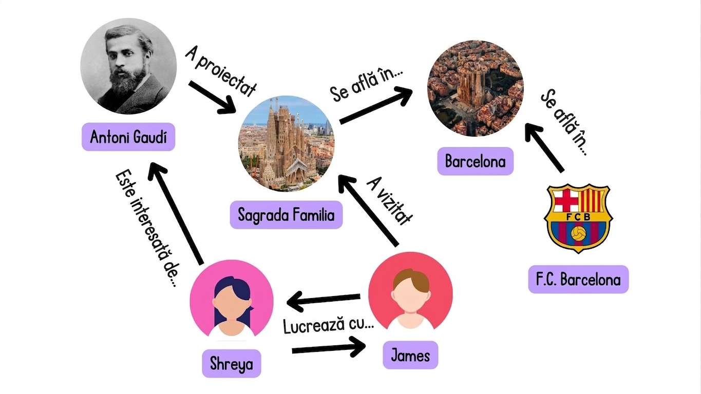 Un graf care arată conexiuni între persoane, locuri și interese.