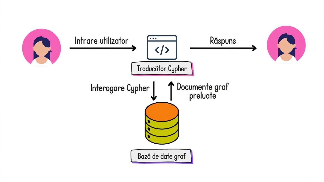 Arhitectura Graph RAG pentru traducerea inputurilor utilizatorului în interogări Cypher și returnarea unui răspuns în limbaj natural.