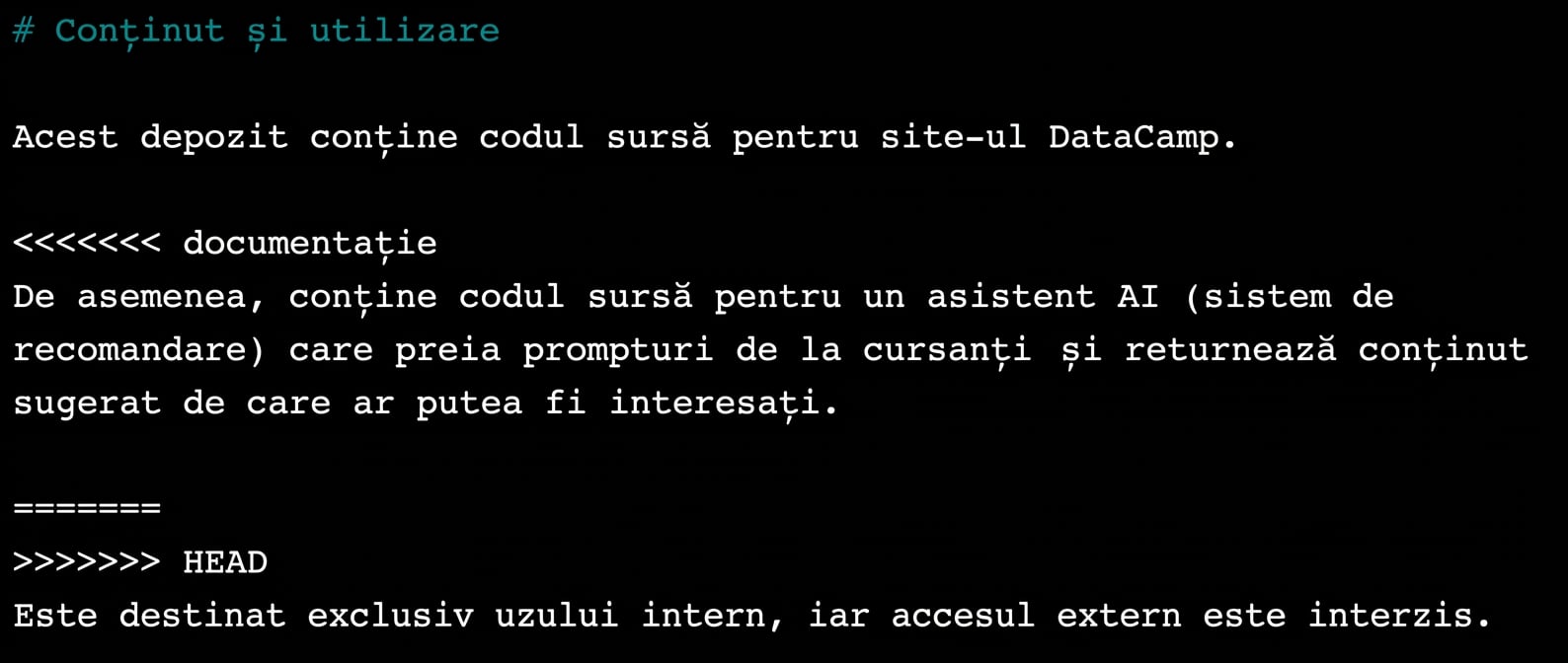 fișierul README afișând secțiunile de conflict în nano