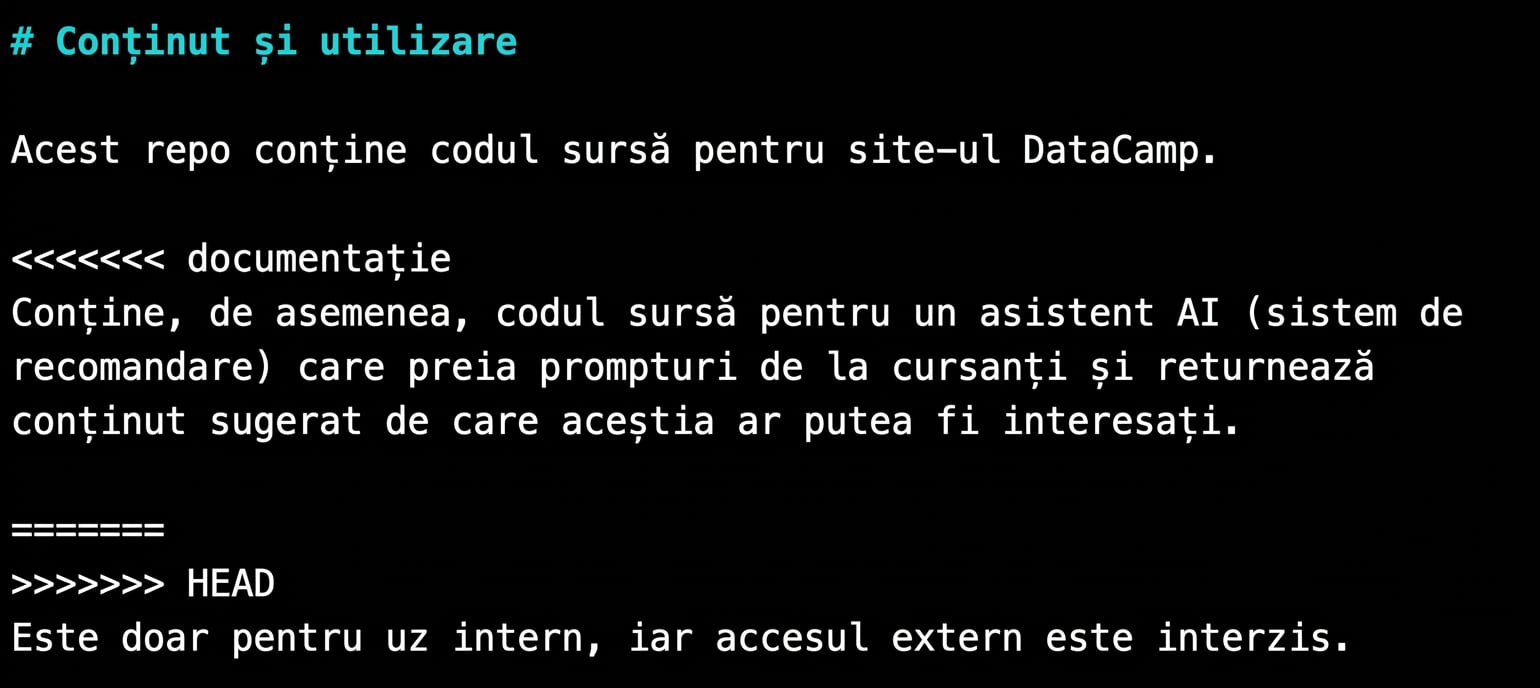 editorul nano ștergând sintaxa Git <<<<<<< documentation, =======, și >>>>>>> HEAD