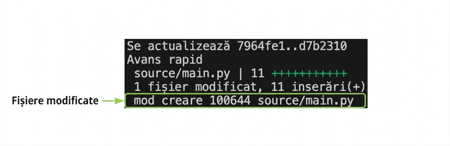 Rezultatul git_merge cu evidențierea ultimei linii care arată numele fișierului creat