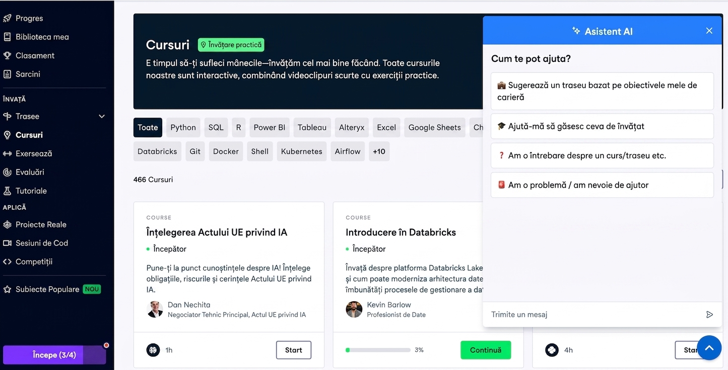 Pagina cursurilor DataCamp cu Asistentul AI