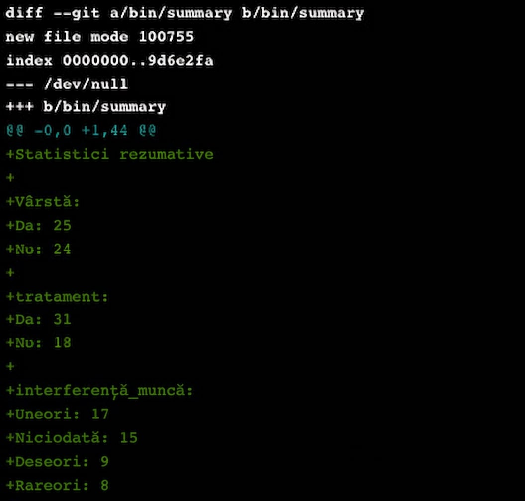 Rezultatul git diff main summary-statistics, trunchiat