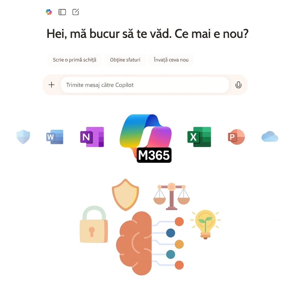 Pictogramele Copilot chat și Copilot 365 și o reprezentare pictografică a AI responsabil