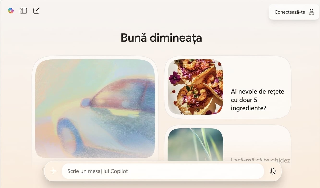Imagine care prezintă interfața web Copilot. Există imagini cu un prompt chiar sub ele, în ordine secvențială.