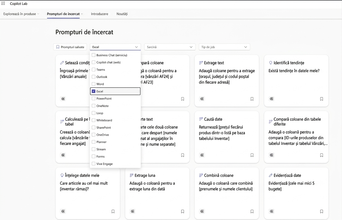 O serie de prompturi sugerate din Copilot Lab, cu un filtru dropdown.