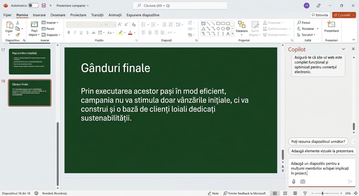 Diapozitiv PowerPoint cu chat-ul Copilot deschis, afișând conversația cu un utilizator care solicită adăugarea unui diapozitiv.