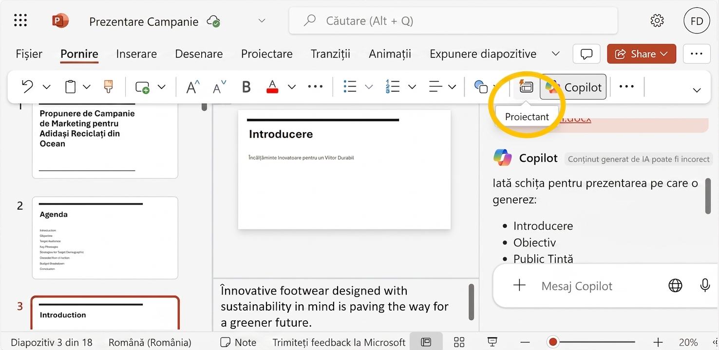 Captură de ecran a prezentării PowerPoint, cu Designer evidențiat