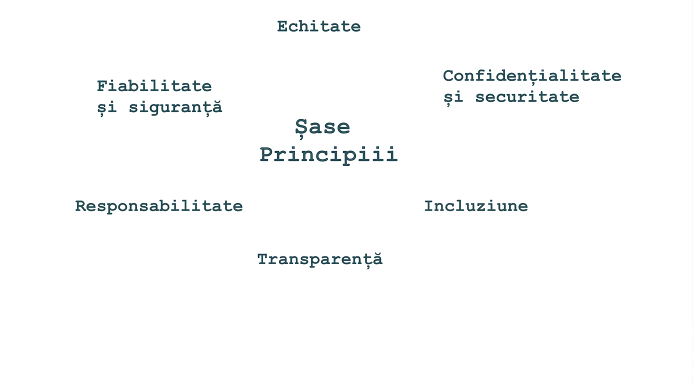 Text cu mesajul „șase principii", înconjurat de termenii corespunzători: corectitudine, confidențialitate și securitate, fiabilitate și siguranță, responsabilitate, incluziune și transparență.