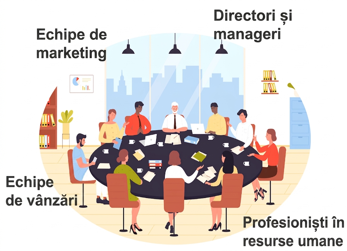 Ilustrație cu un grup divers de profesioniști, inclusiv specialiști în marketing, vânzări, HR și directori executivi, reuniți în jurul unei mese de conferință.