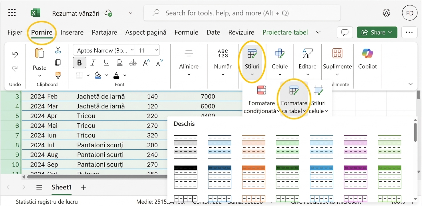 Un document Excel deschis care arată cum se formatează datele ca tabel.