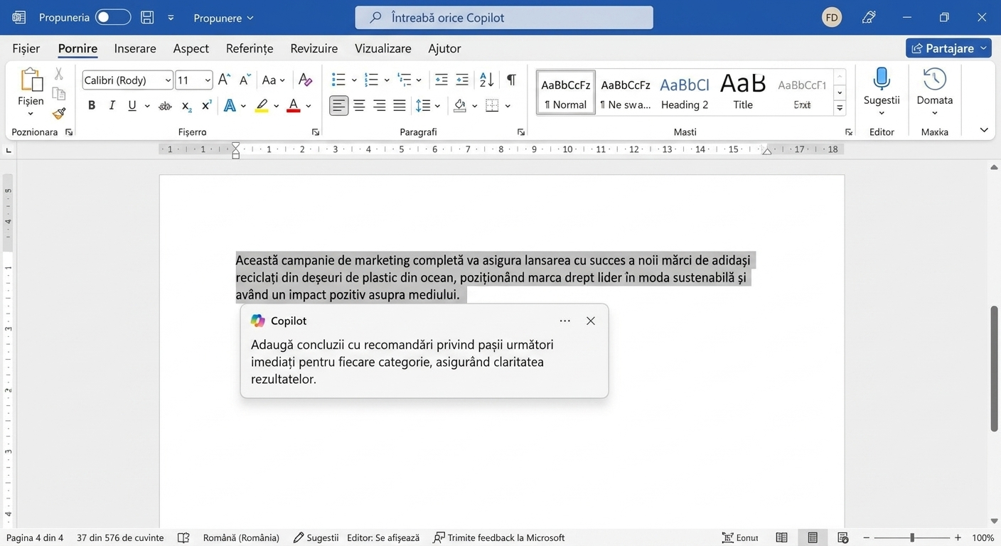 Captură de ecran cu paragraful evidențiat ce trebuie modificat și chatul Copilot în care utilizatorul solicită îmbunătățiri.