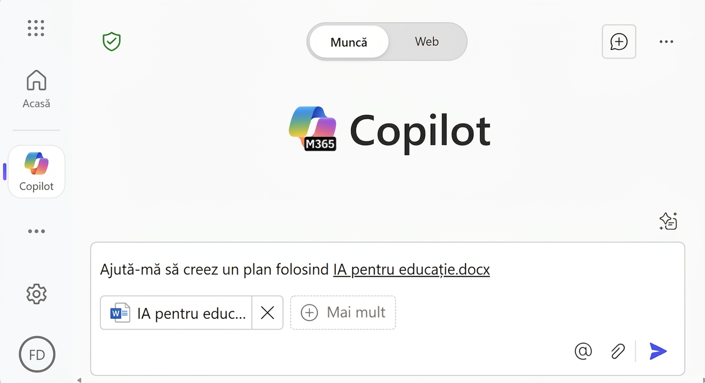 Captură de ecran a chat-ului „Draft with Copilot" cu un prompt ce solicită crearea unui raport de tip schiță folosind un fișier specific.