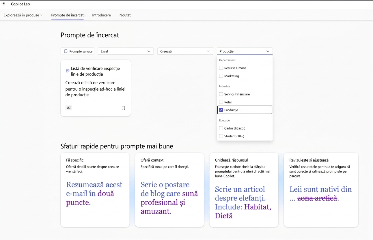 O serie de prompturi sugerate din Copilot Lab, cu un filtru dropdown.