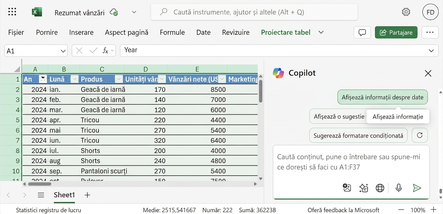 Un document Excel deschis cu date despre produse vestimentare și un chat Copilot lateral, în care utilizatorul solicită afișarea de informații despre date.