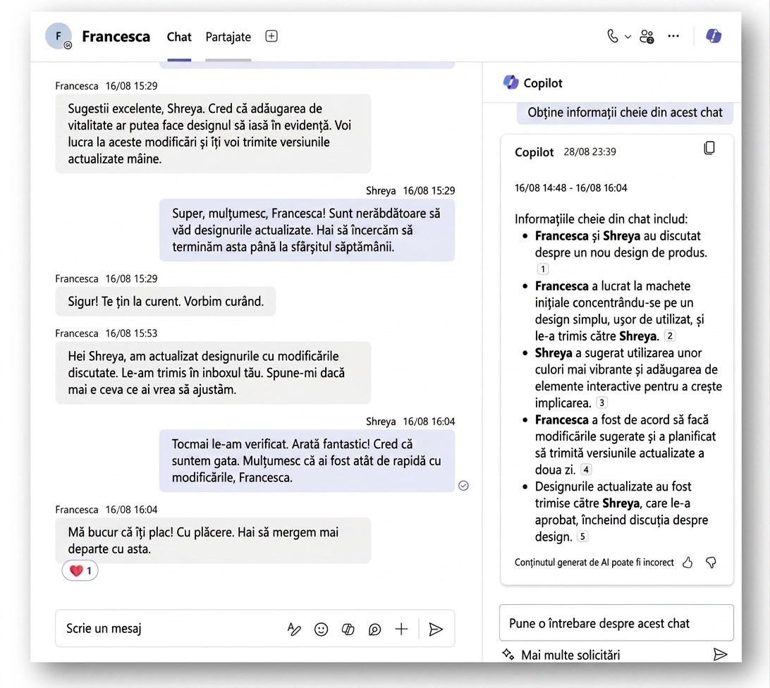 Copilot extrage informațiile esențiale din conversație.