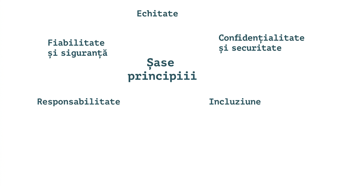 Text cu mesajul „șase principii", înconjurat de termenii corespunzători: corectitudine, confidențialitate și securitate, fiabilitate și siguranță, responsabilitate, incluziune