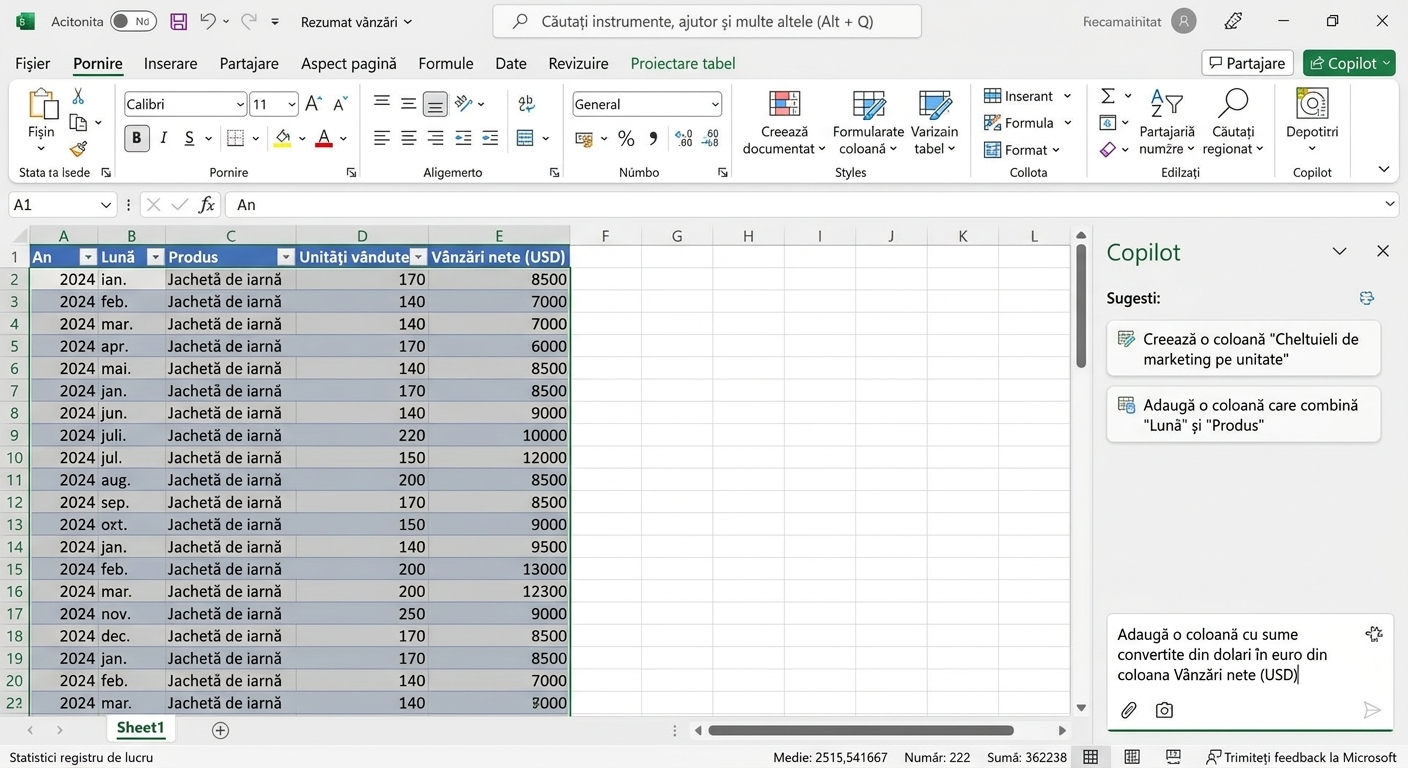 Un document Excel deschis cu date despre produse vestimentare și un chat Copilot lateral, în care utilizatorul solicită conversia valorilor în euro.