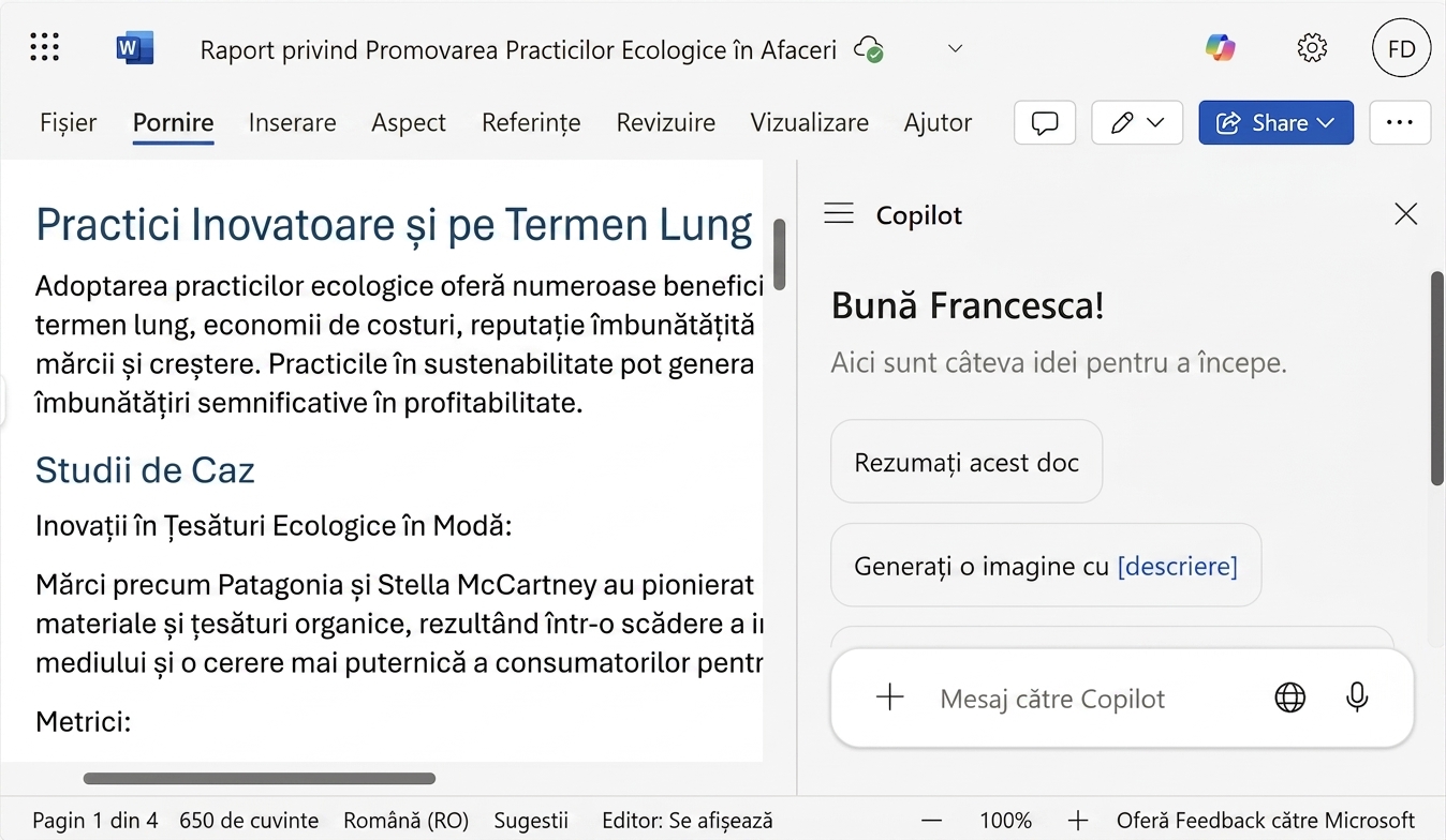 Captură de ecran cu un document Word deschis și un chat Copilot deschis lateral.