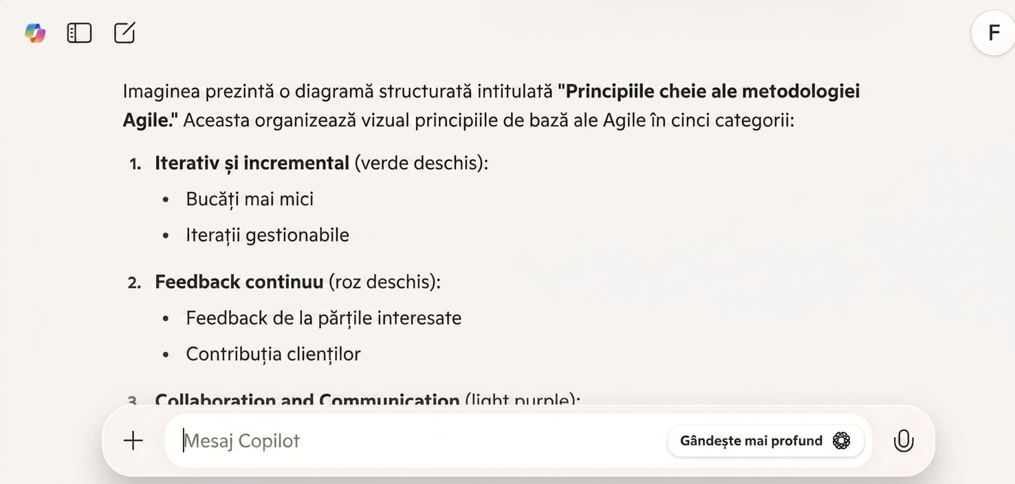 Captură de ecran a răspunsului Copilot, explicând diagrama de management al proiectelor