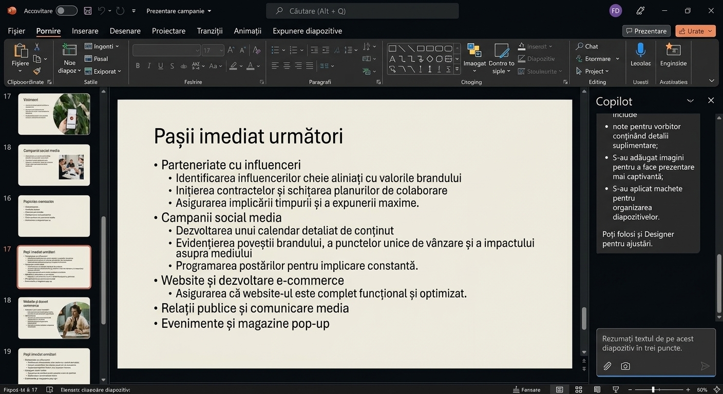 Captură de ecran a unui diapozitiv PowerPoint cu chat-ul Copilot deschis lateral și un utilizator care solicită rezumarea textului.