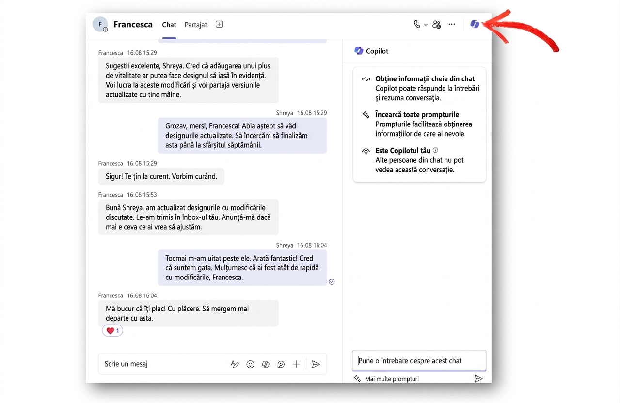 Captură de ecran a unui chat Microsoft Teams cu un chat lateral deschis pentru a adresa întrebări Copilot. Săgeată roșie spre pictograma Copilot