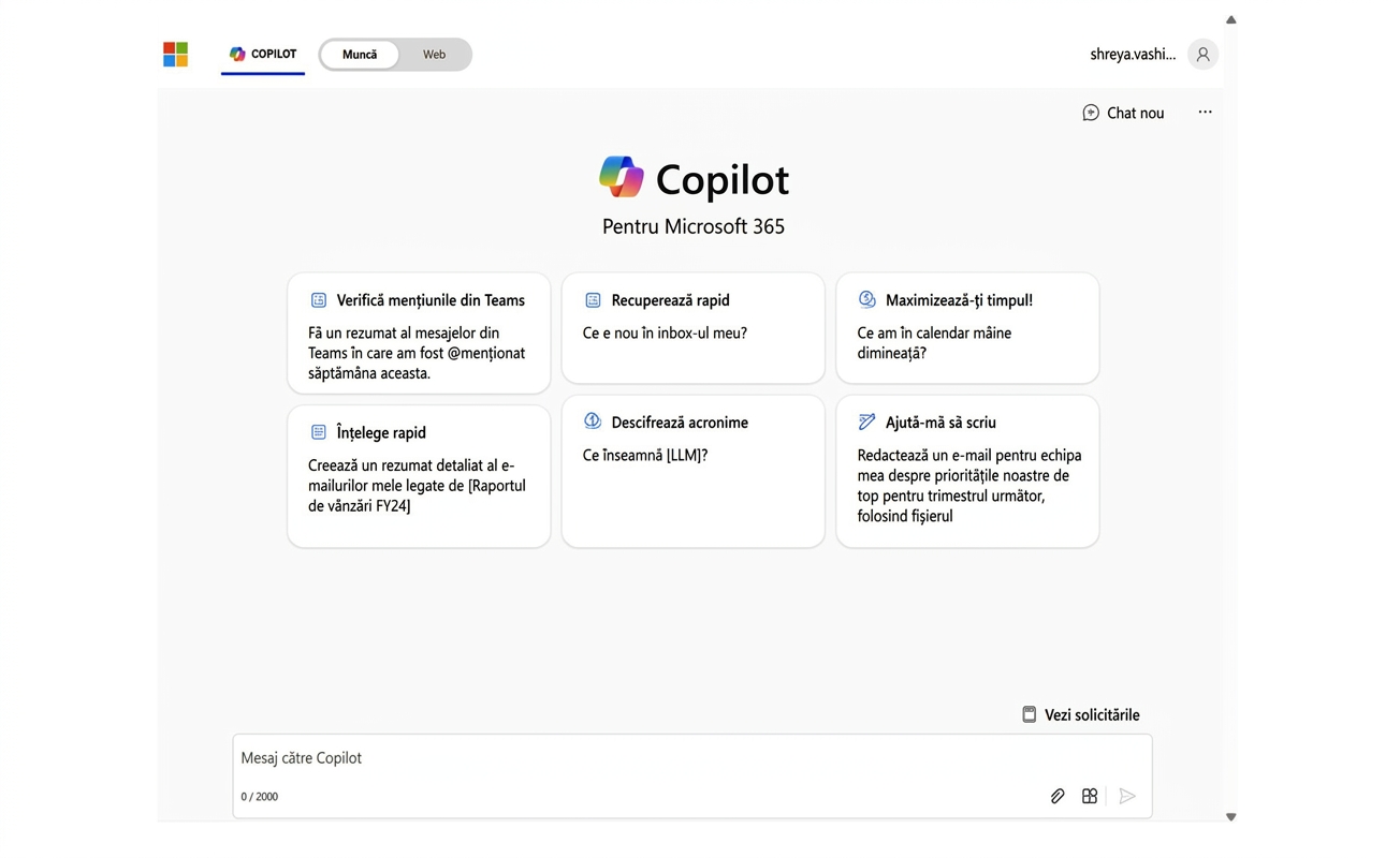Pagina principală a Copilot pentru Microsoft 365.
