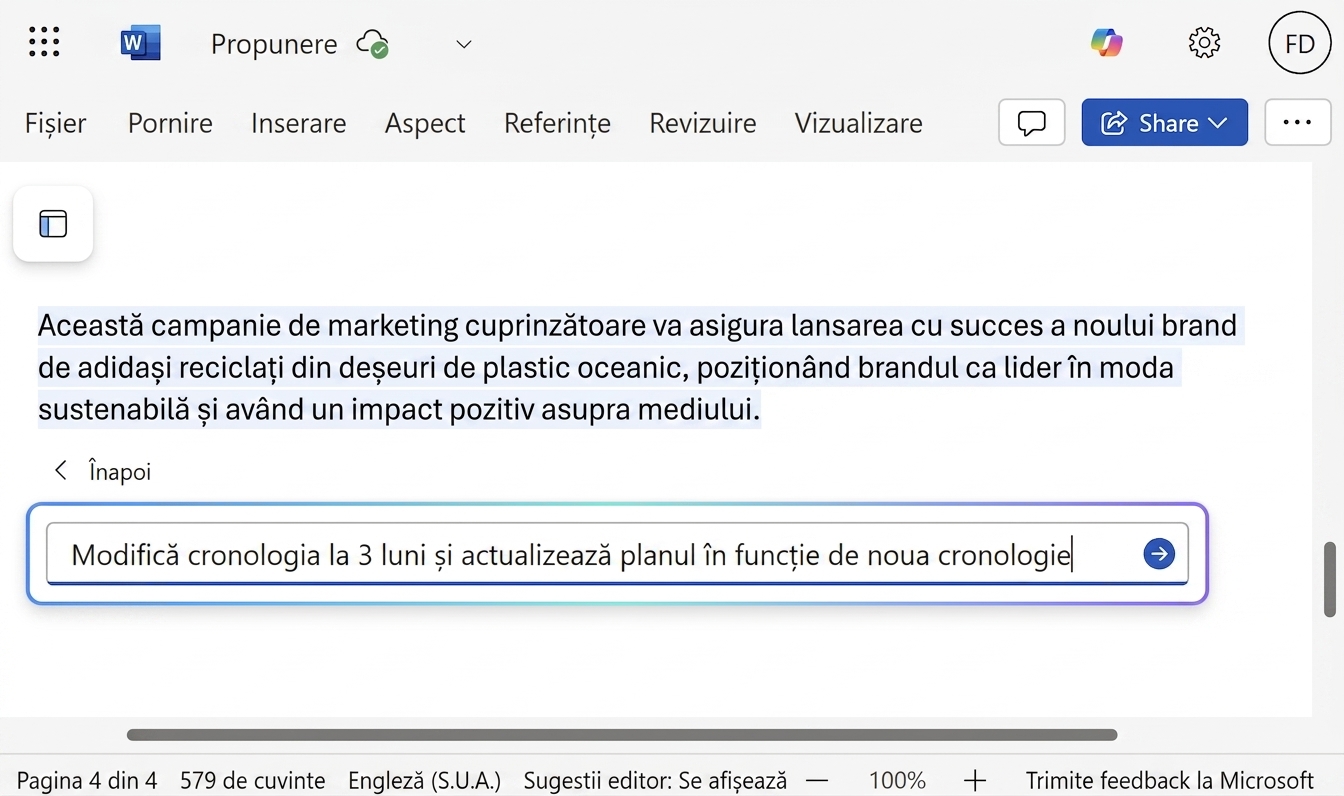 Un chat Copilot deschis în care utilizatorul cere modificarea intervalului de timp.