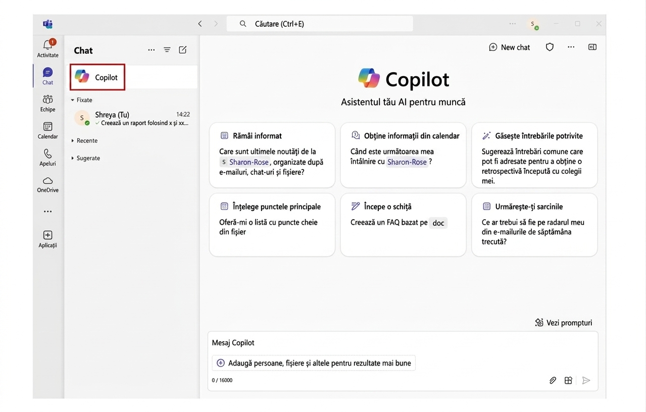 Captură de ecran Microsoft Teams cu chat-ul Copilot deschis și pictograma Copilot din stânga sus încercuită în roșu.