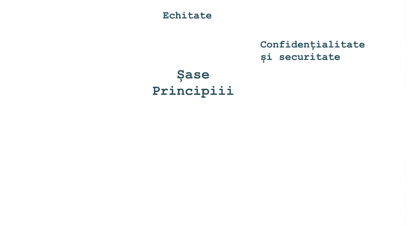 Text cu mesajul „șase principii", înconjurat de termenii corespunzători: corectitudine, confidențialitate și securitate