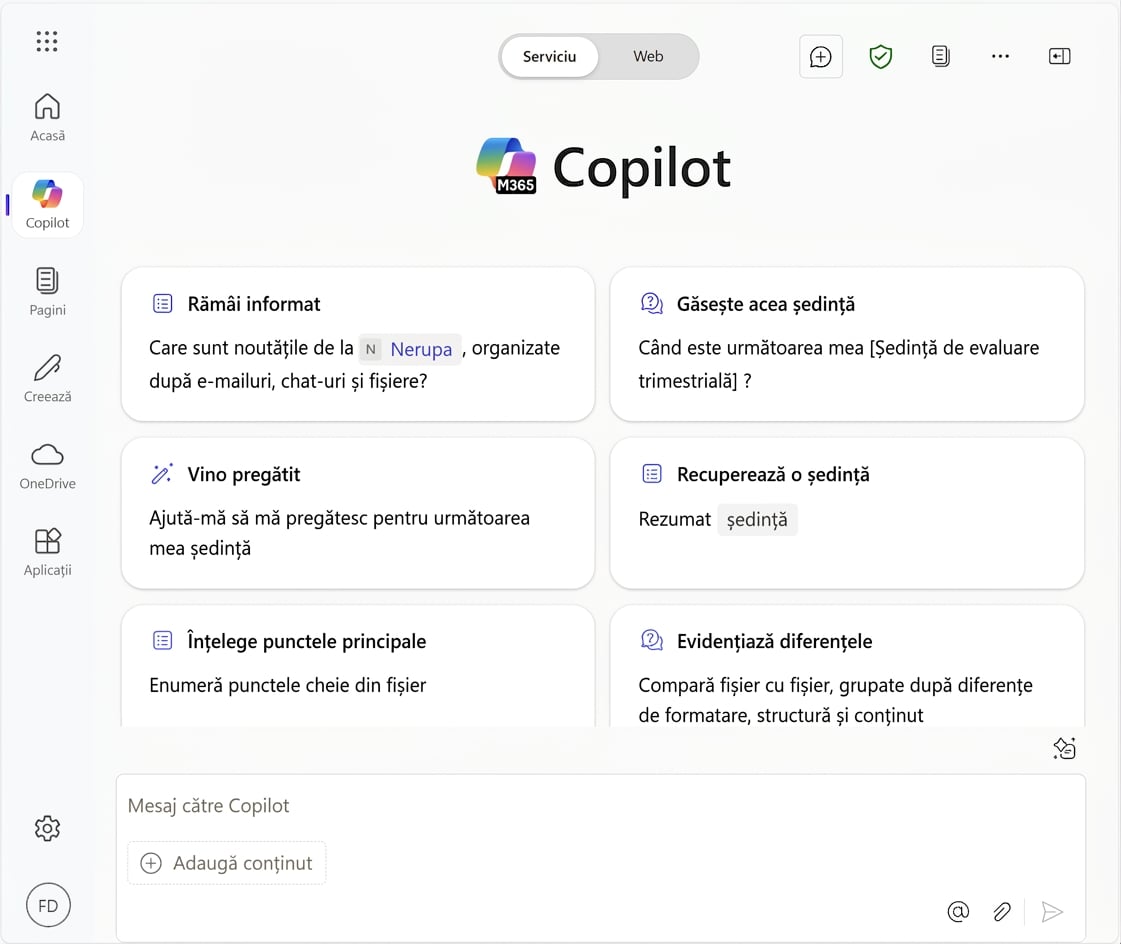 Pagina principală Copilot pentru lucru