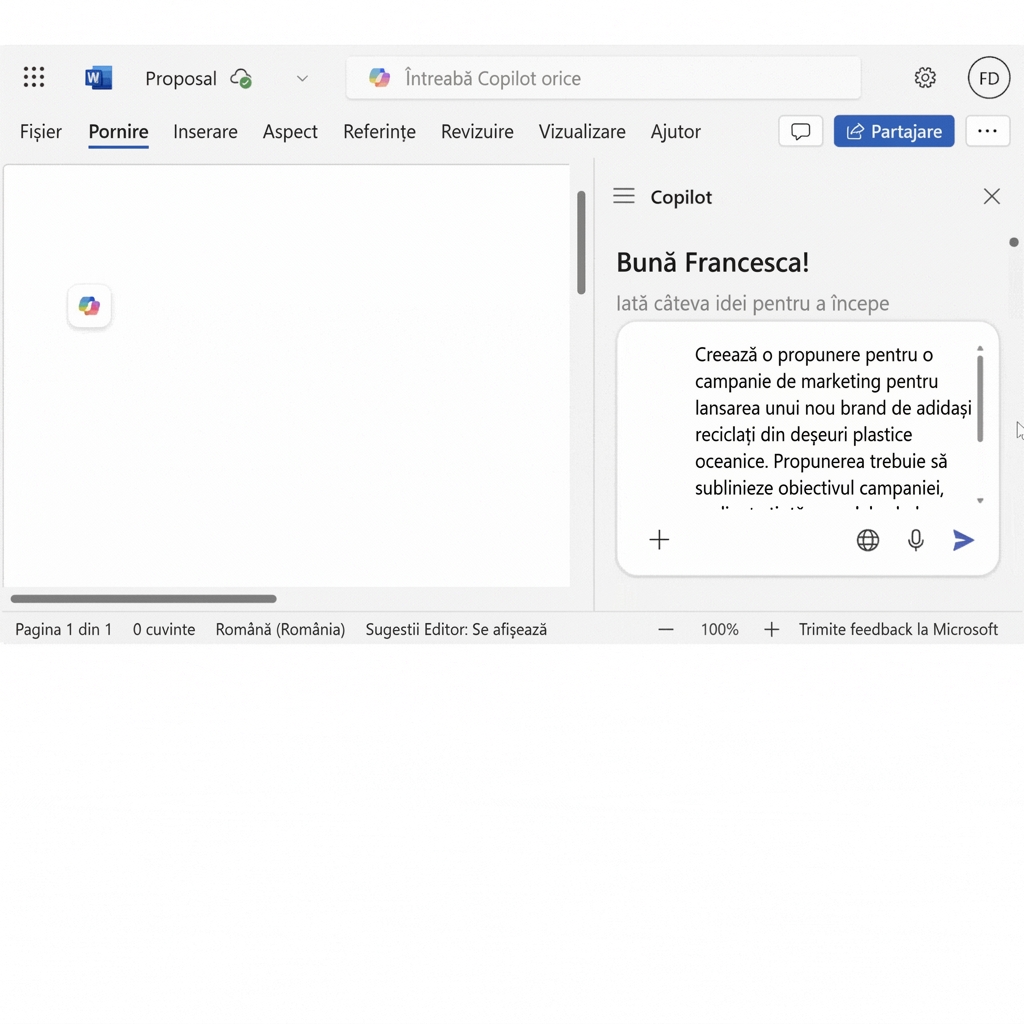 Un chat Copilot deschis cu solicitarea de a „crea o propunere de proiect pentru o nouă campanie de marketing".