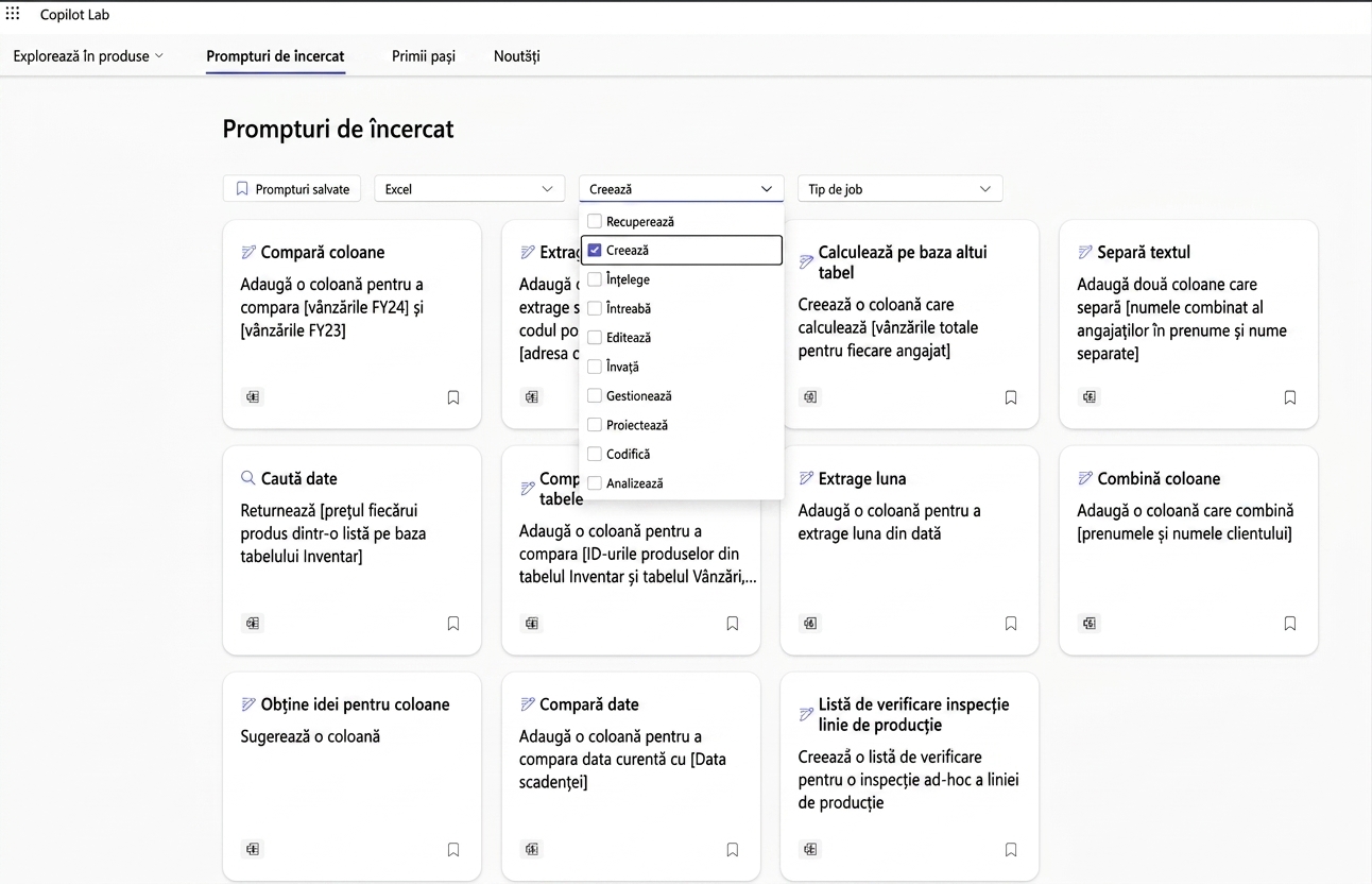 O serie de prompturi sugerate din Copilot Lab, cu diverse filtre dropdown.