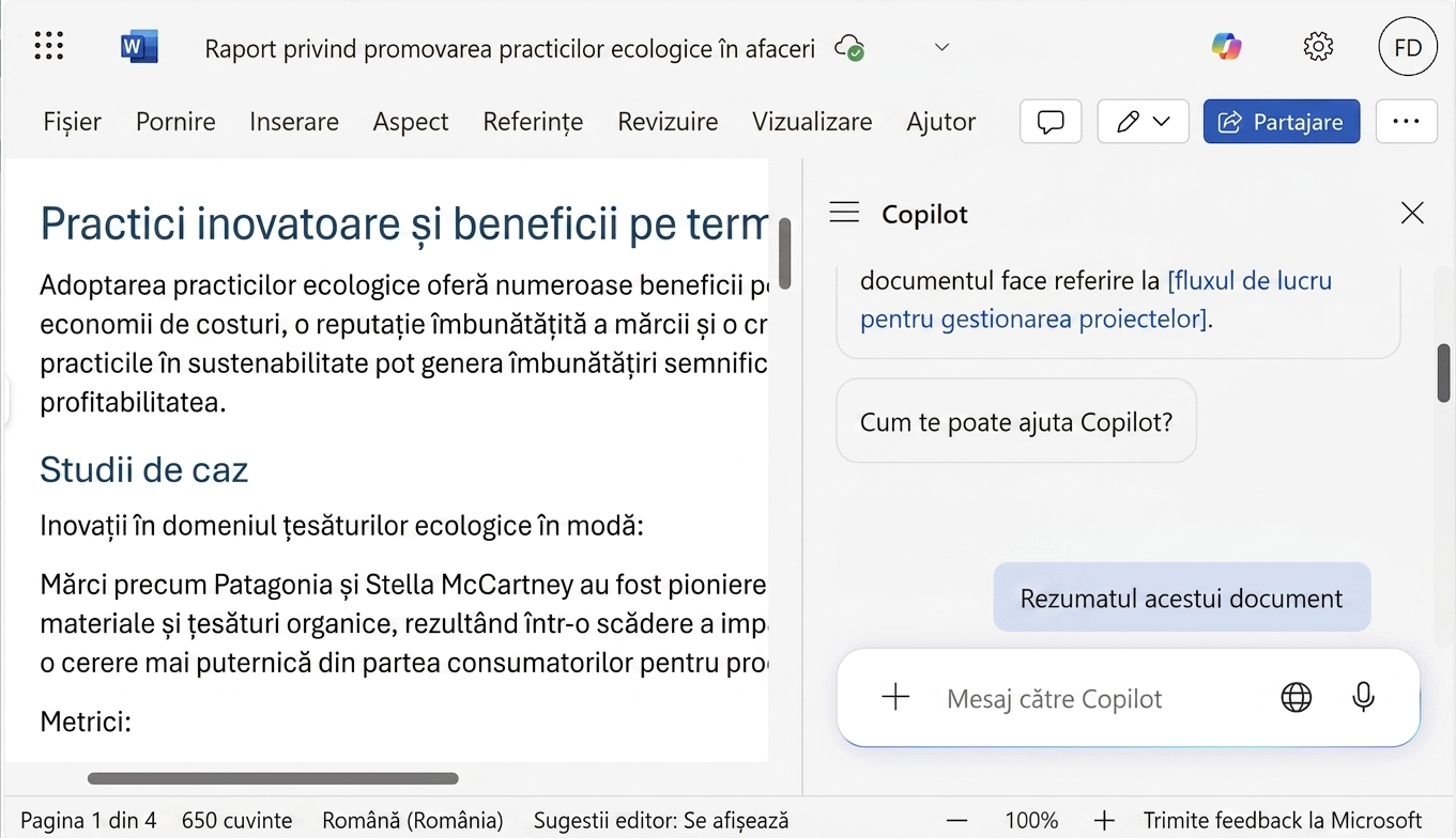 Captură de ecran cu un document Word deschis și un chat Copilot în care utilizatorul solicită rezumarea documentului.