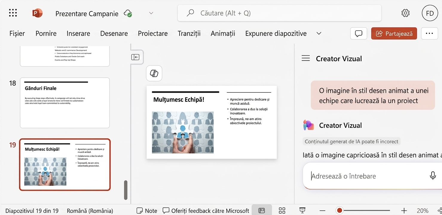 Captură de ecran a unui diapozitiv PowerPoint cu chat-ul Copilot deschis, afișând conversația cu un utilizator care solicită organizarea diapozitivelor.