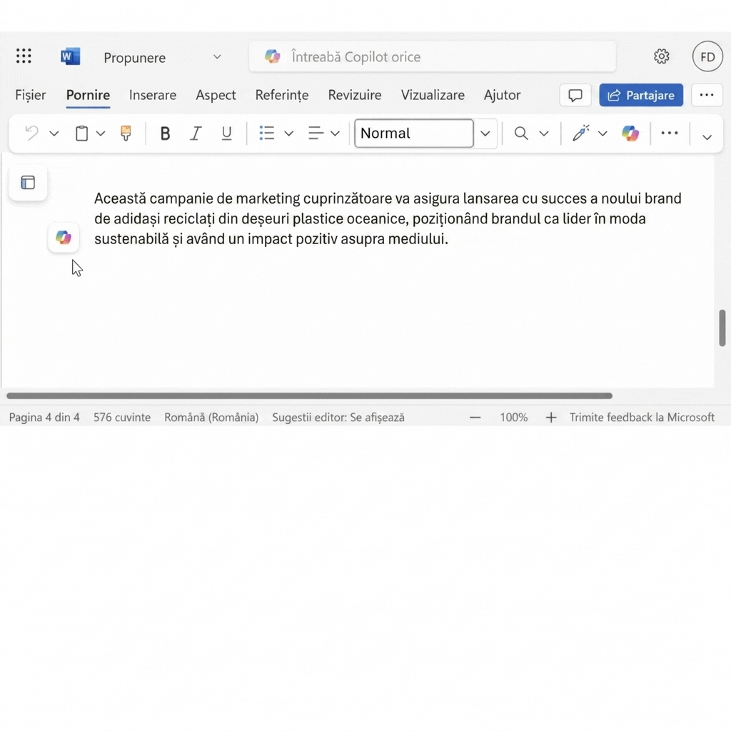 Paragraful care trebuie modificat în document, cu diferite opțiuni sugerate de Copilot