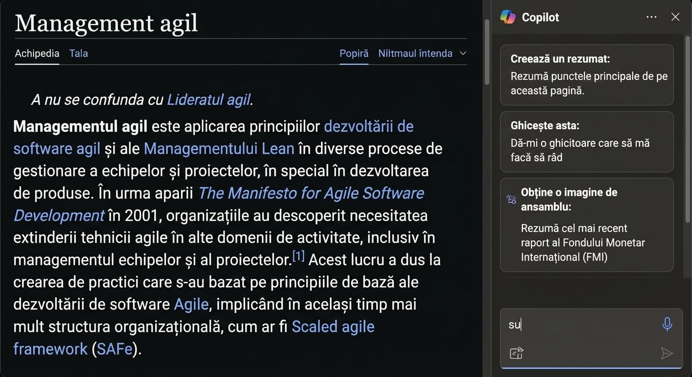 Copilot rezumând o pagină web