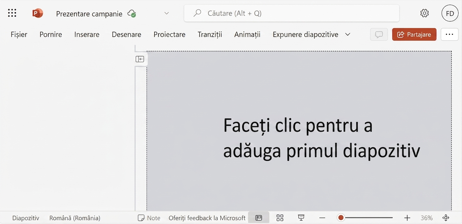 Captură de ecran a unui document PowerPoint necompletat.