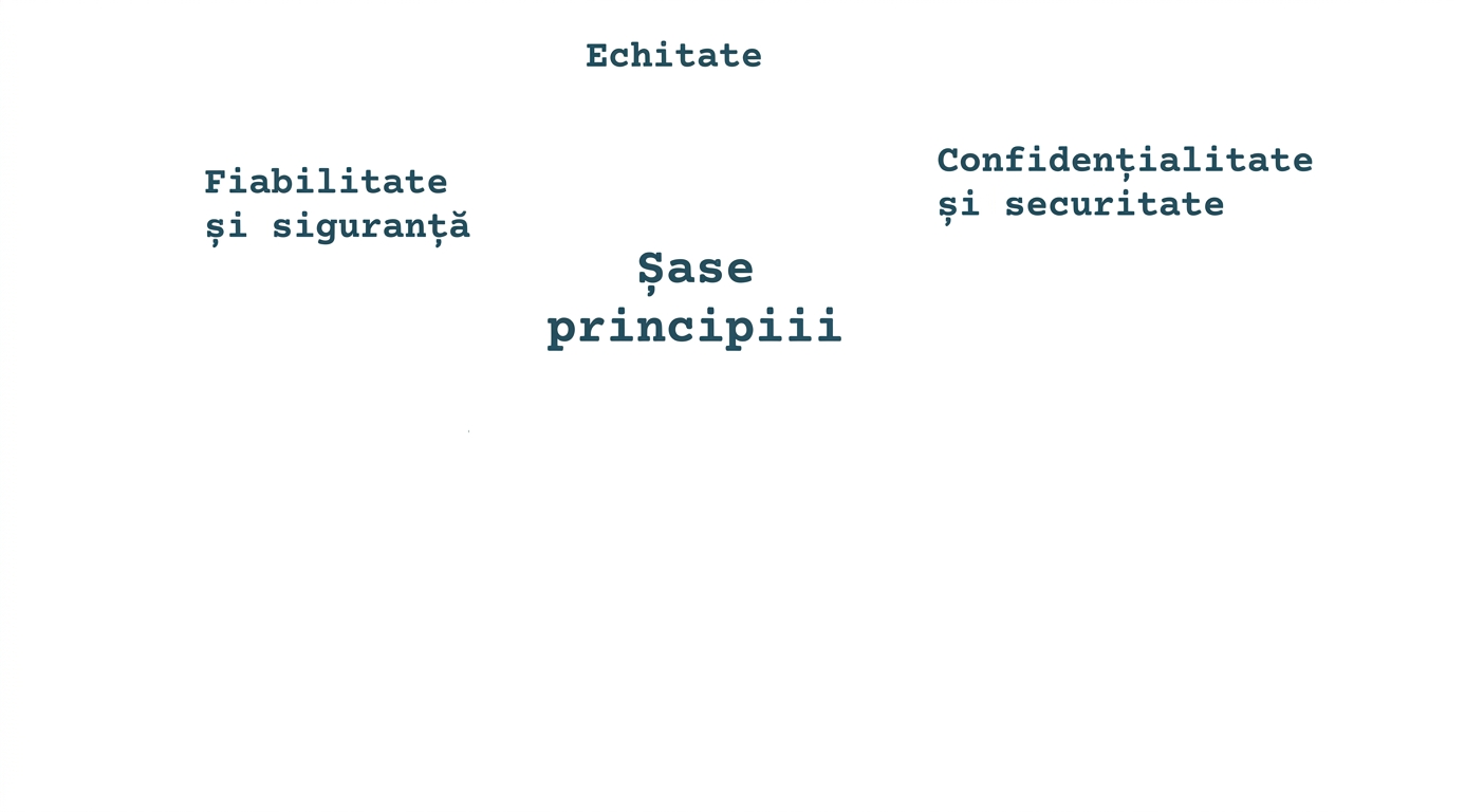 Text cu mesajul „șase principii", înconjurat de termenii corespunzători: corectitudine, confidențialitate și securitate, fiabilitate și siguranță