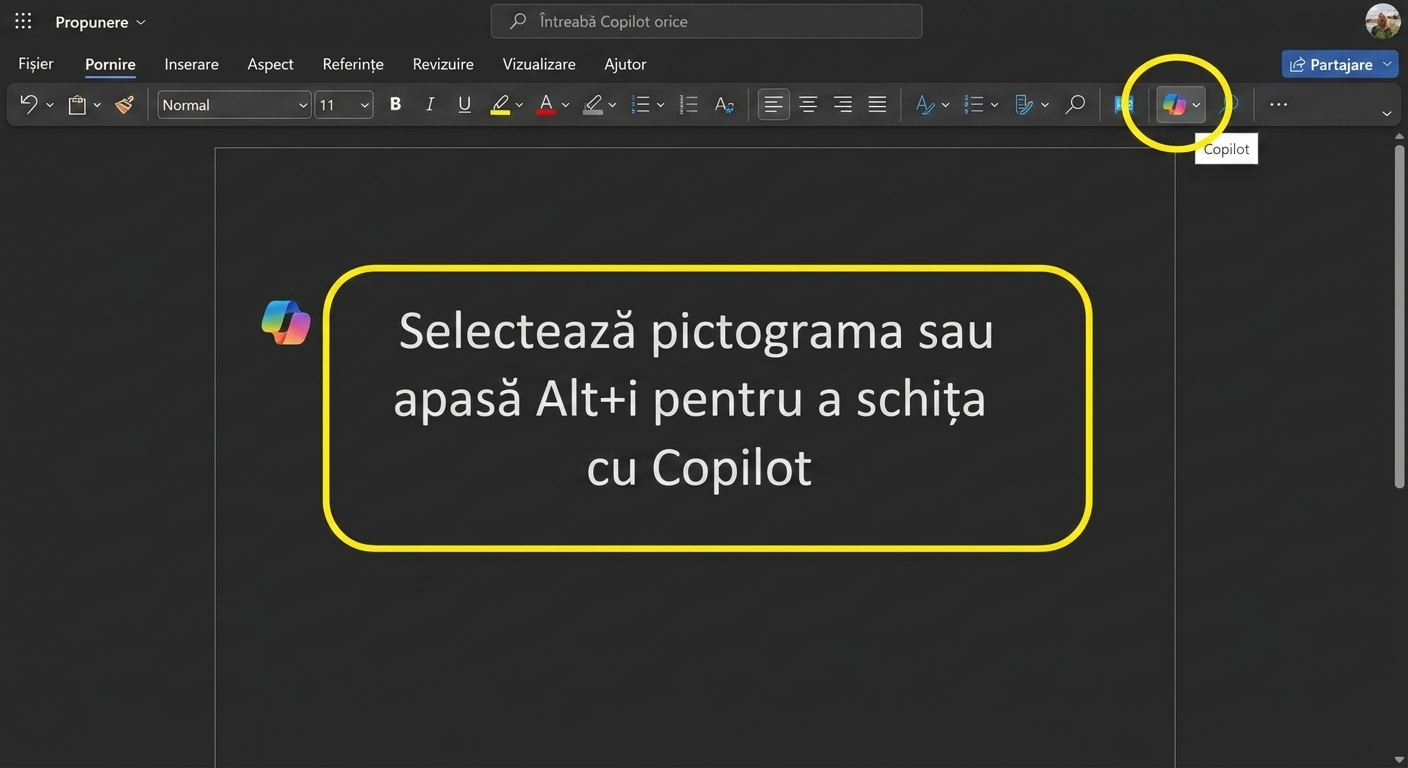 Captură de ecran a unui document gol în Word cu „apăsați ALT+I pentru a crea o ciornă cu Copilot" și pictograma Copilot evidențiate