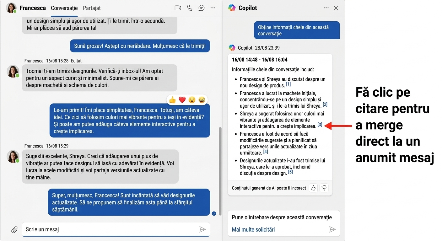 Captură de ecran a unui chat Microsoft Teams cu un chat lateral deschis cu răspunsul Copilot și o săgeată roșie spre o referință către mesajul original.