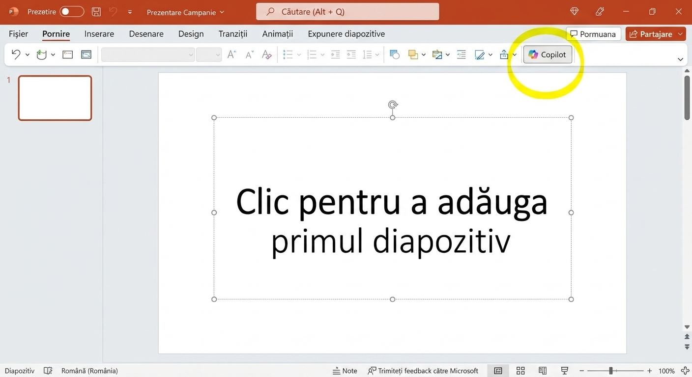 Captură de ecran a unui document PowerPoint necompletat cu pictograma Copilot.