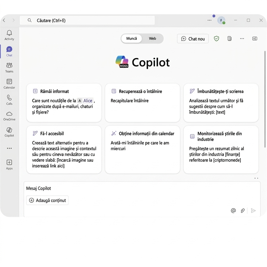 Interfața Copilot pentru Microsoft 365, prezentând opțiuni de productivitate precum maximizarea timpului, înțelegerea e-mailurilor și asistență pentru redactare.