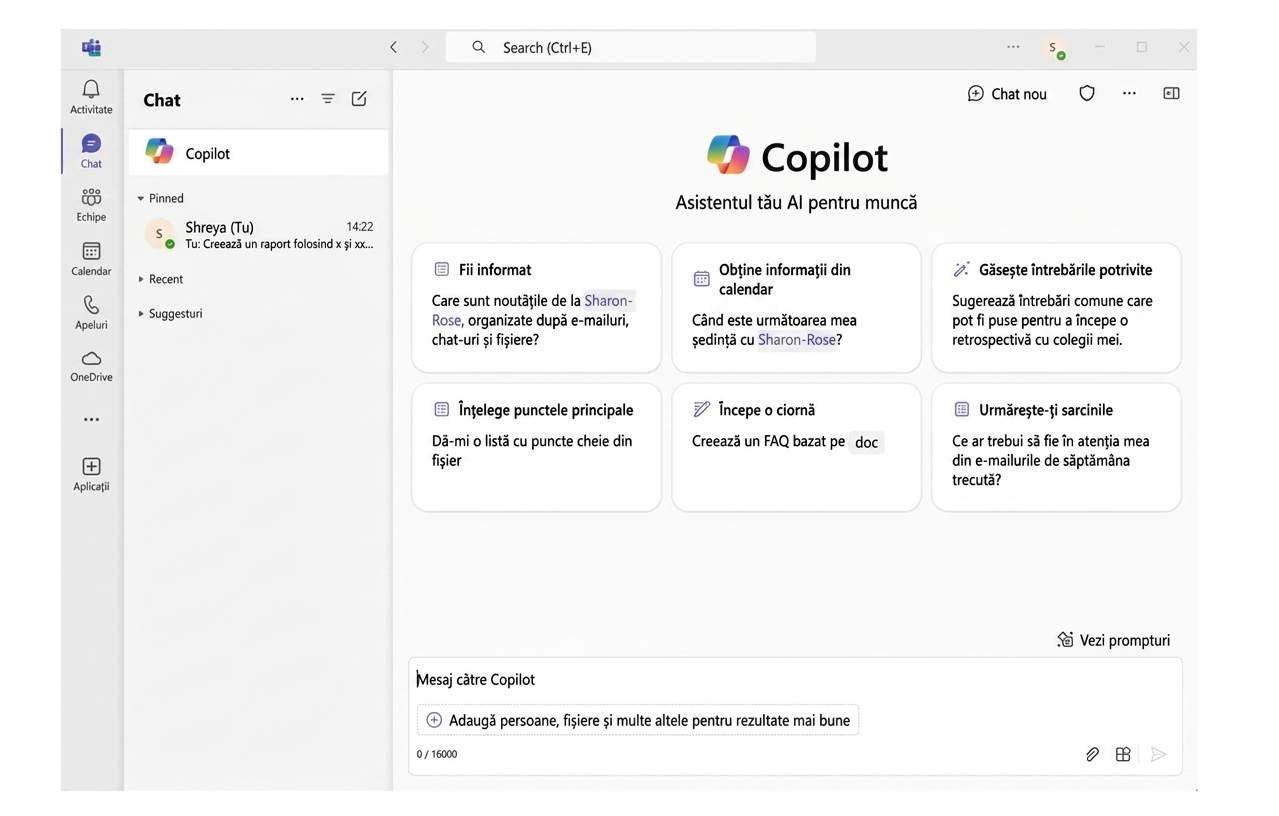 Captură de ecran Microsoft Teams cu chat-ul Copilot deschis.