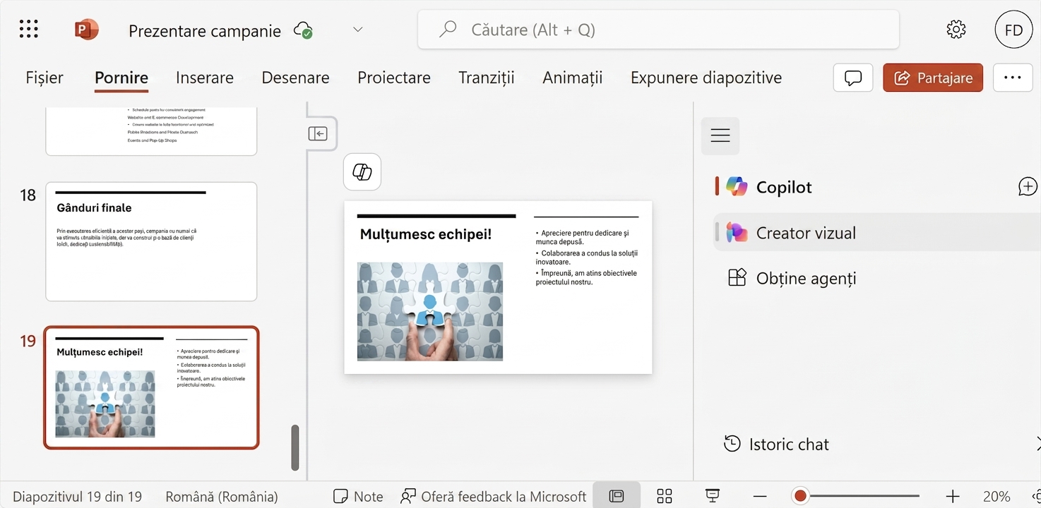 Captură de ecran a unui diapozitiv PowerPoint cu chat-ul Copilot deschis, afișând conversația cu un utilizator care solicită organizarea diapozitivelor.