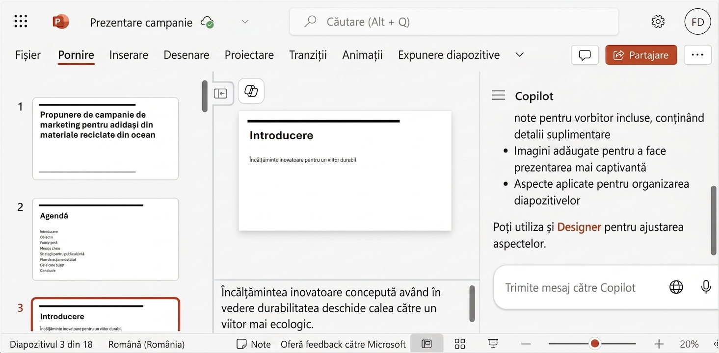 Demonstrație a Copilot creând o prezentare pe baza unui fișier existent.