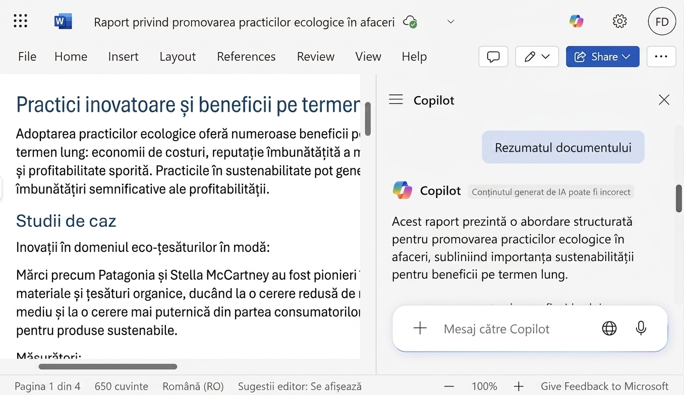Captură de ecran cu un document Word deschis și un chat Copilot care oferă un rezumat al documentului.